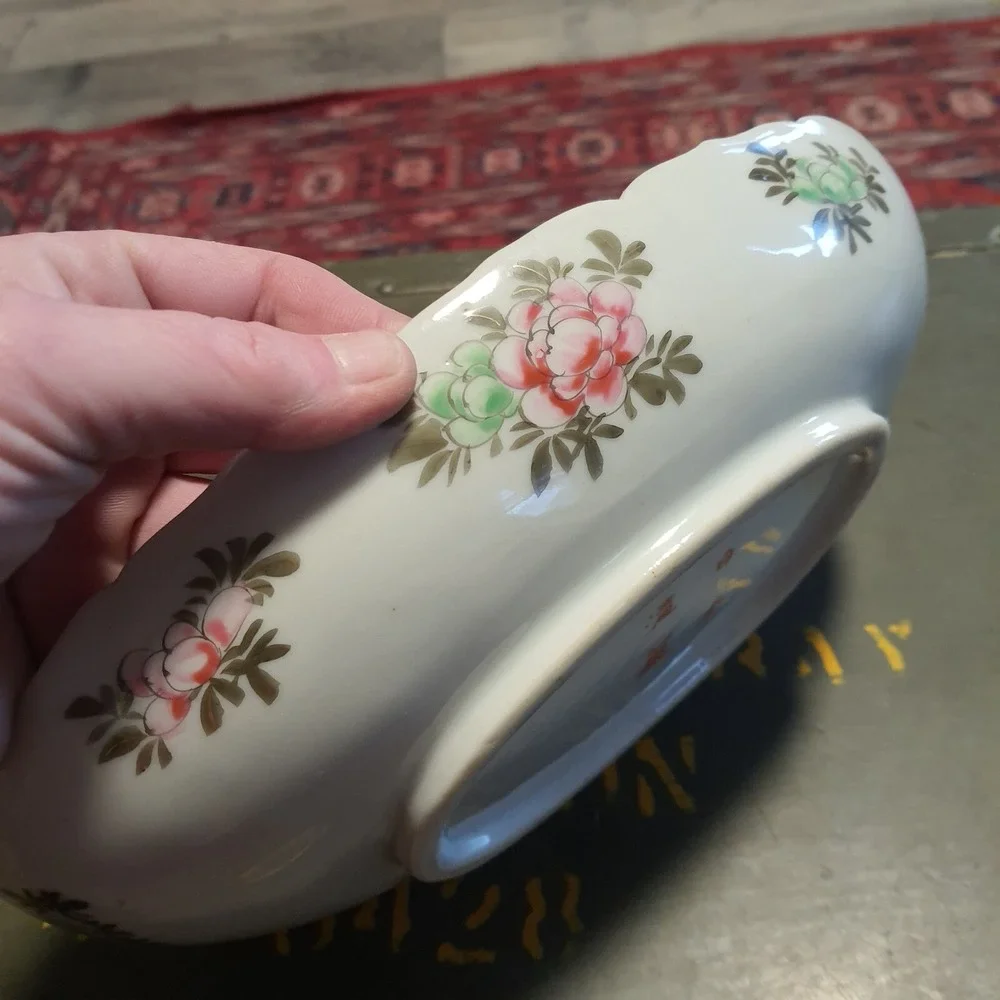 Antique Vintage Hand Painted Chinese Porcelain Bowl / Dish Cranes Flowers Signed